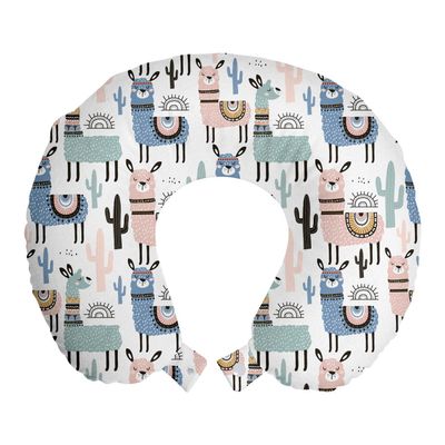 Ambesonne Llama Travel Pillow Neck Rest, Cartoon Style Hand Drawn South American Animals Alpacas and Llamas Design, Memory Foam Traveling Accessory for Airplane and Car, 12", White Teal