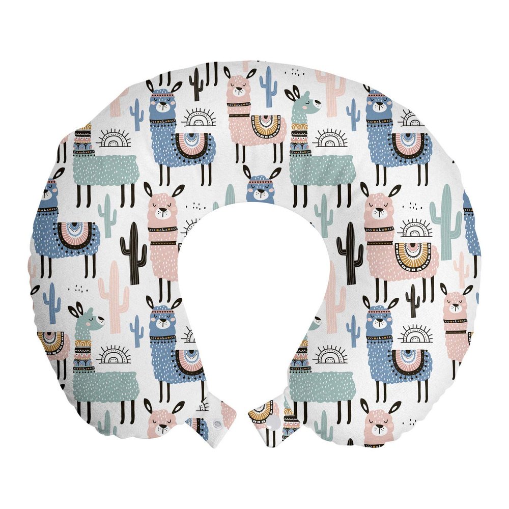 Ambesonne Llama Travel Pillow Neck Rest, Cartoon Style Hand Drawn South American Animals Alpacas and Llamas Design, Memory Foam Traveling Accessory for Airplane and Car, 12", White Teal