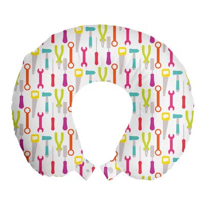 Ambesonne Colorful Travel Pillow Neck Rest, Building Tools Supplies Hammer Screwdriver Trowels Clamps in Doodle Cartoon, Memory Foam Traveling Accessory for Airplane and Car, 12", Magenta Green