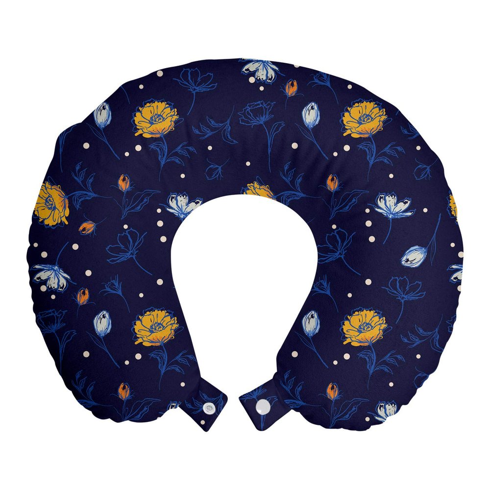 Ambesonne Floral Travel Pillow Neck Rest, Repetitive Style Illustration of Dark Tone Blooming Elements Botanical Buds, Memory Foam Traveling Accessory for Airplane and Car, 12", Indigo Mustard