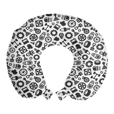 Ambesonne Auto Mechanic Travel Pillow Neck Rest, Repetitive Monochrome Pictograms Pattern with Car Spare Partss, Memory Foam Traveling Accessory for Airplane and Car, 12", Grey White