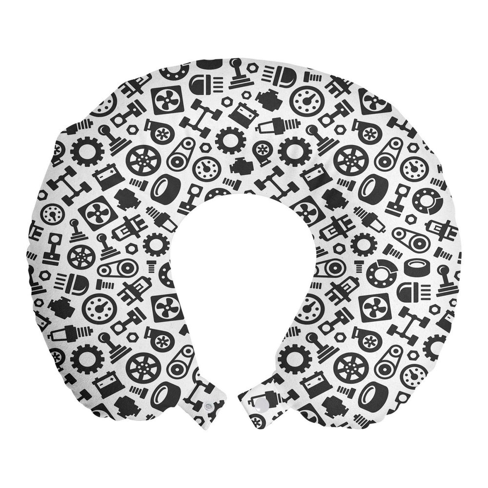 Ambesonne Auto Mechanic Travel Pillow Neck Rest, Repetitive Monochrome Pictograms Pattern with Car Spare Partss, Memory Foam Traveling Accessory for Airplane and Car, 12", Grey White
