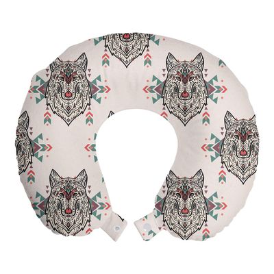 Ambesonne Dog Lover Travel Pillow Neck Rest, Wolf Pattern with Design Elements Motifs Geometric, Memory Foam Traveling Accessory for Airplane and Car, 12", Ivory Grey