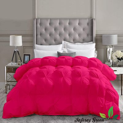 Saferay Green All-Season Luxury - Hotel Collection - Pintuck Style 100% Organic Cotton Queen Size 88 x 92 Inches 1-Piece Pinch Pleat Comforter with 4 Corner Tabs, 500 GSM - Machine Washable, Hot Pink