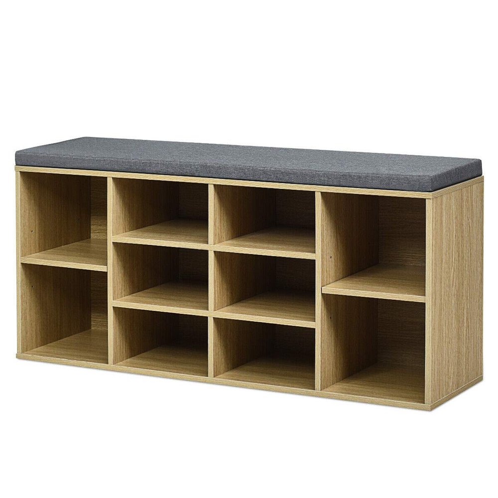 Furniture Shoe Storage Bench Rack Bench 10-Cube Organizer Bench Adjustable Nature Standing Cabinets, Padded Cushion, Home Kitchen Bedroom, Living Room