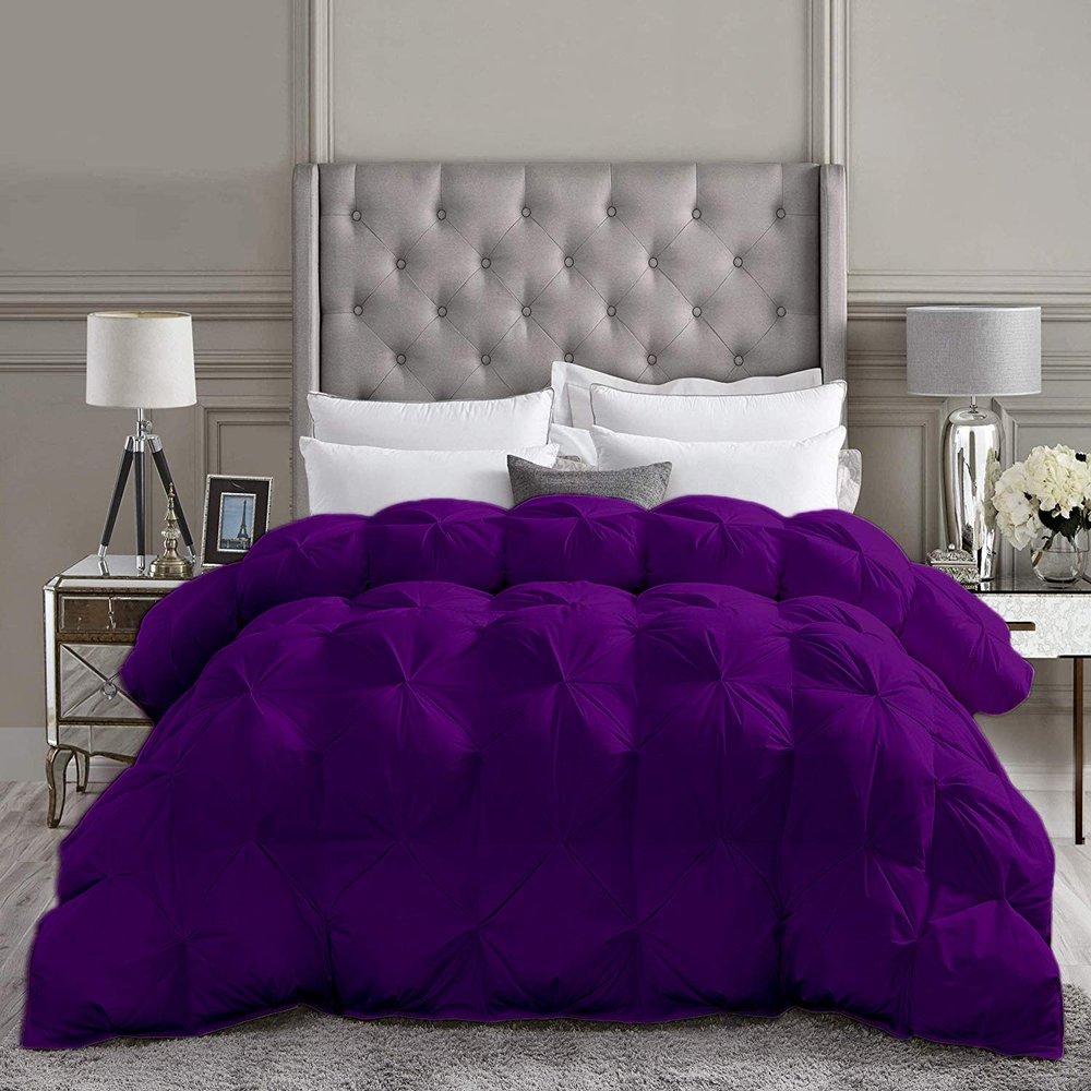 All-Season Luxury - Hotel Collection - Pintuck Style 100% Organic Cotton King Size 102 x 90 Inches 1-Piece Pinch Pleat Comforter with 4 Corner Tabs, 500 GSM - Machine Washable (Purple Solid)
