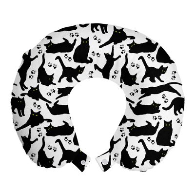 Ambesonne Cat Travel Pillow Neck Rest, Cats Yellow Eyes in Different Positions Paw Traces Playful Feline Animal, Memory Foam Traveling Accessory for Airplane and Car, 12", Black Charcoal