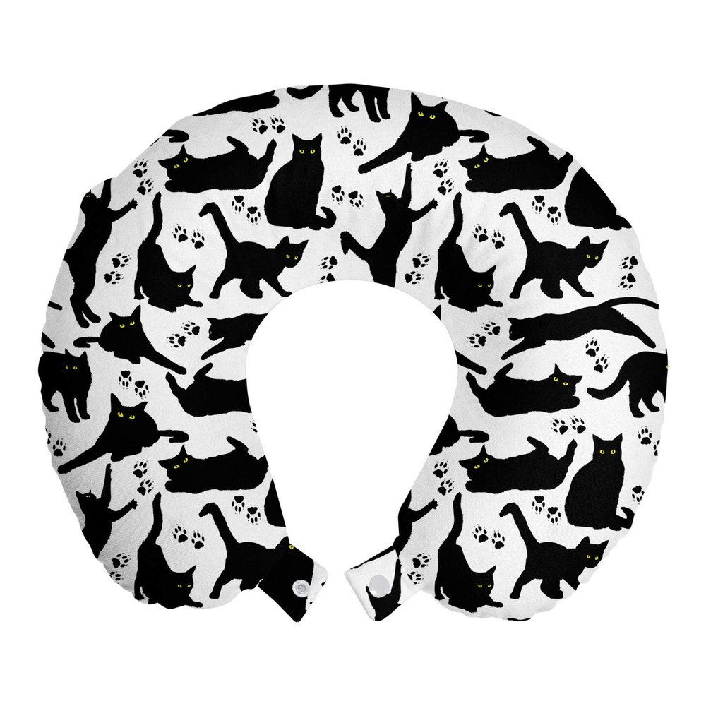 Ambesonne Cat Travel Pillow Neck Rest, Cats Yellow Eyes in Different Positions Paw Traces Playful Feline Animal, Memory Foam Traveling Accessory for Airplane and Car, 12", Black Charcoal