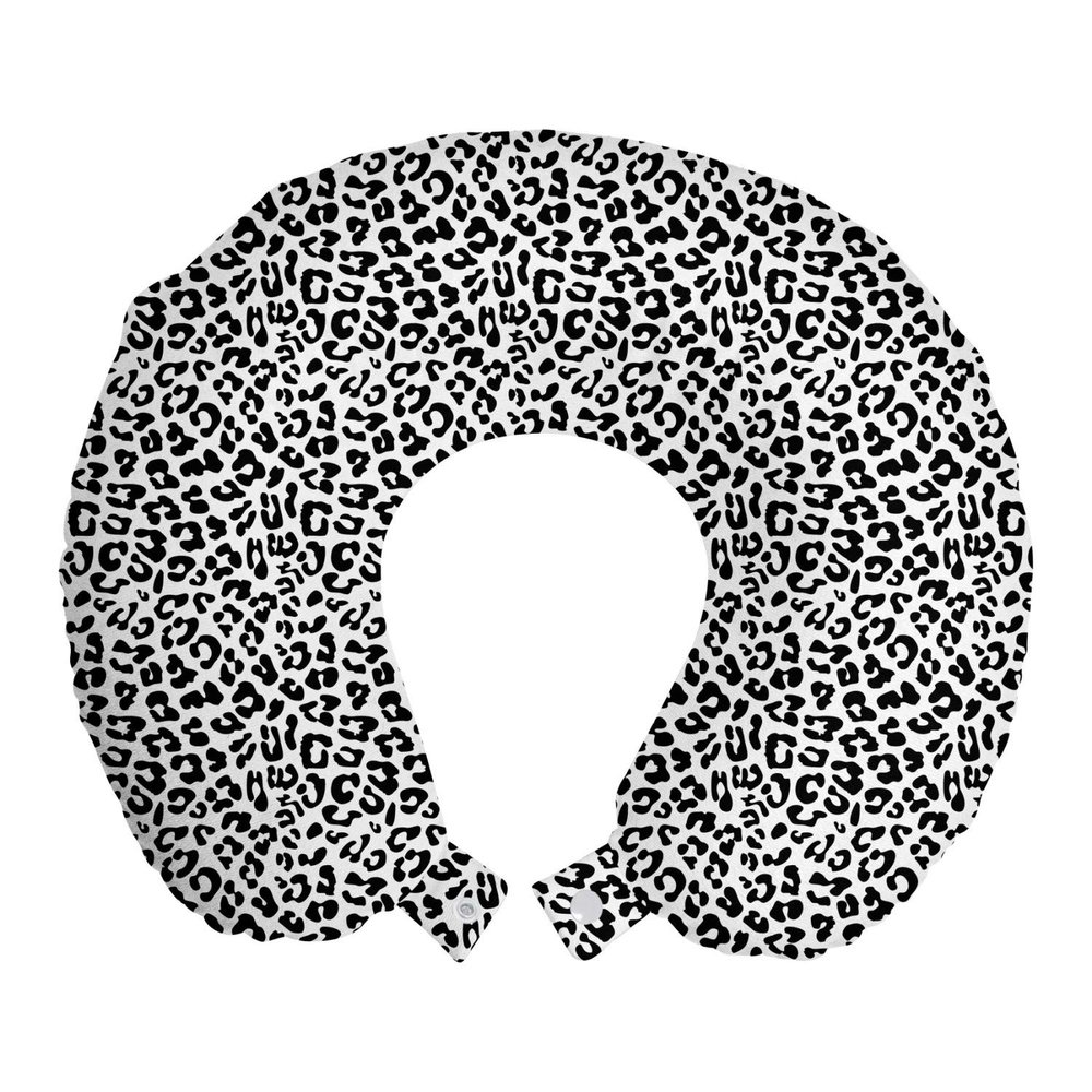Ambesonne Leopard Print Travel Pillow Neck Rest, Monochrome Graphic Style Wild Jungle Animal Abstract Skin Spots, Memory Foam Traveling Accessory for Airplane and Car, 12", Black White
