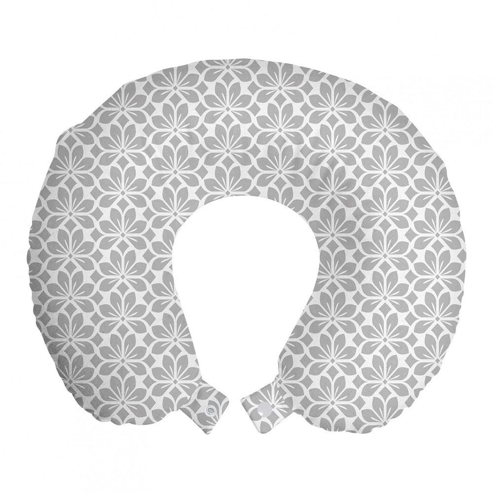 Ambesonne Abstract Travel Pillow Neck Rest, Flower Inspired Motifs in Greyscale Shades Ornamental and Flourishing, Memory Foam Traveling Accessory for Airplane and Car, 12", White