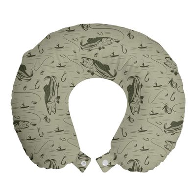 Ambesonne Fishing Travel Pillow Neck Rest, Hobby Concept Pattern with Fisherman on Boat Catching Trouts with Rot and Hook, Memory Foam Traveling Accessory for Airplane and Car, 12", Dusk Green