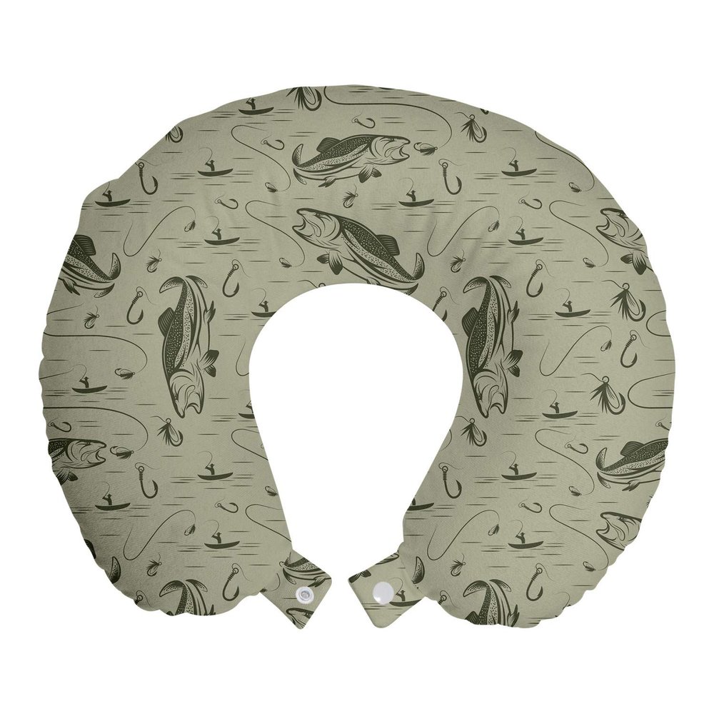 Ambesonne Fishing Travel Pillow Neck Rest, Hobby Concept Pattern with Fisherman on Boat Catching Trouts with Rot and Hook, Memory Foam Traveling Accessory for Airplane and Car, 12", Dusk Green