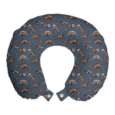 Ambesonne Cartoon Travel Pillow Neck Rest, Disparate Fossil Dinosaurs Skeletons Jurassic Period, Memory Foam Traveling Accessory for Airplane and Car, 12", Seal Brown Slate Blue
