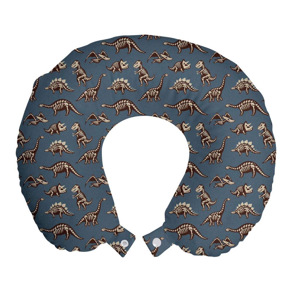 Ambesonne Cartoon Travel Pillow Neck Rest, Disparate Fossil Dinosaurs Skeletons Jurassic Period, Memory Foam Traveling Accessory for Airplane and Car, 12", Seal Brown Slate Blue