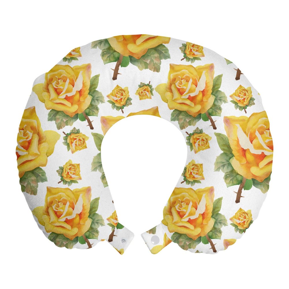 Ambesonne Rose Travel Pillow Neck Rest, Botanical Pattern with Roses Natural Beauty Theme Aquarelle Summer Bouquet, Memory Foam Traveling Accessory for Airplane and Car, 12", Green Yellow