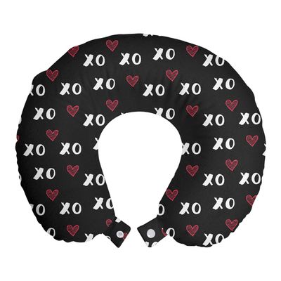 Ambesonne XOXO Travel Pillow Neck Rest, XO Acronym and Striped Heart Pattern Love Romantic Print, Memory Foam Traveling Accessory for Airplane and Car, 12", Grey Charcoal