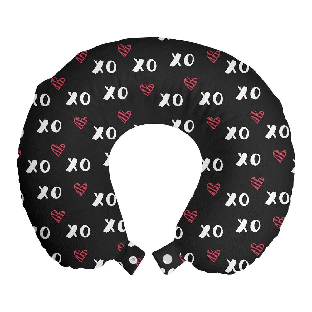Ambesonne XOXO Travel Pillow Neck Rest, XO Acronym and Striped Heart Pattern Love Romantic Print, Memory Foam Traveling Accessory for Airplane and Car, 12", Grey Charcoal