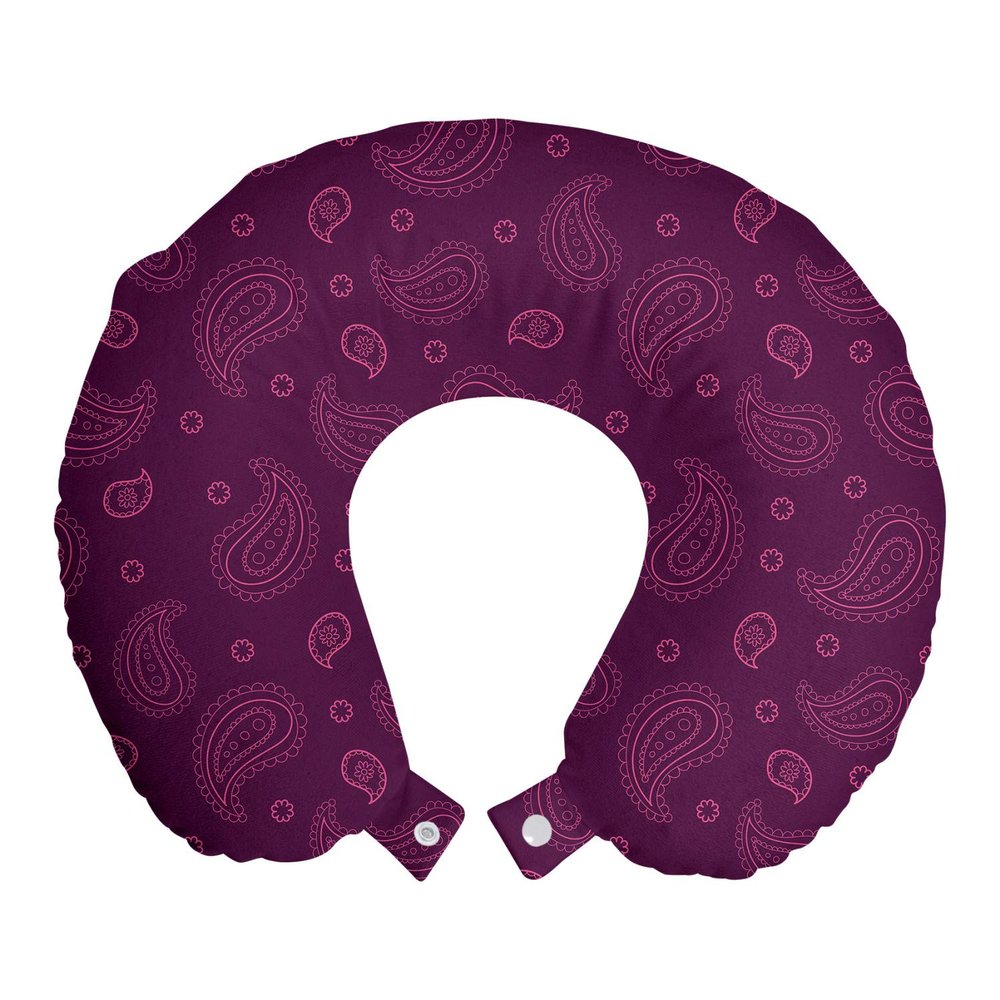 Ambesonne Purple Paisley Travel Pillow Neck Rest, Outline Simplistic Oriental Ornament with Flower Items, Memory Foam Traveling Accessory for Airplane and Car, 12", Plum Pink