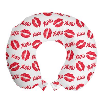 Ambesonne XOXO Travel Pillow Neck Rest, Lipstick Kisses and XOXO Acronyms Pattern Love Romantic Feminine Lip Prints, Memory Foam Traveling Accessory for Airplane and Car, 12", Pink White