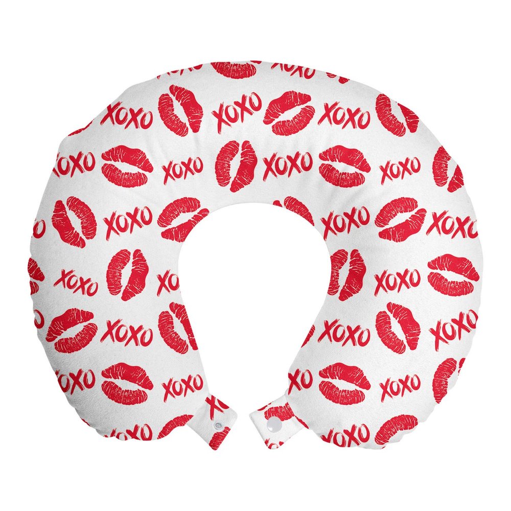 Ambesonne XOXO Travel Pillow Neck Rest, Lipstick Kisses and XOXO Acronyms Pattern Love Romantic Feminine Lip Prints, Memory Foam Traveling Accessory for Airplane and Car, 12", Pink White