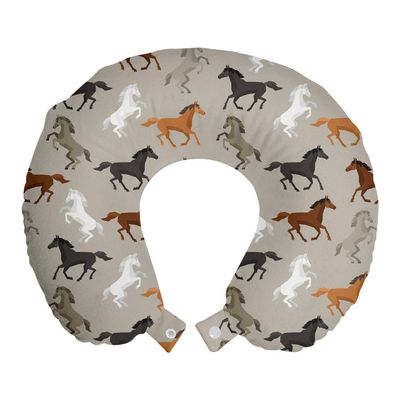 Ambesonne Horses Travel Pillow Neck Rest, Abstract Stallions Simple Design Animals Galloping Curvet Illustration, Memory Foam Traveling Accessory for Airplane and Car, 12", Taupe Black