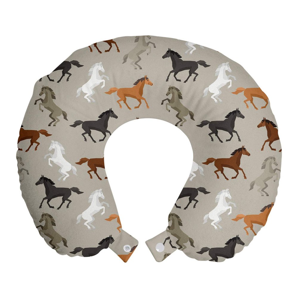 Ambesonne Horses Travel Pillow Neck Rest, Abstract Stallions Simple Design Animals Galloping Curvet Illustration, Memory Foam Traveling Accessory for Airplane and Car, 12", Taupe Black