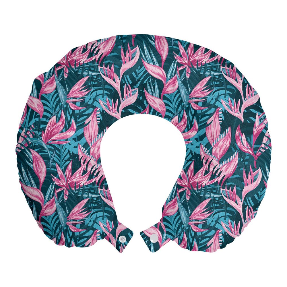 Ambesonne Exotic Travel Pillow Neck Rest, Aloha Bird of Paradise Blooms Tropical Leaves Flourishing Jungle Graphic, Memory Foam Traveling Accessory for Airplane and Car, 12", Pink Petrol