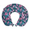Ambesonne Exotic Travel Pillow Neck Rest, Aloha Bird of Paradise Blooms Tropical Leaves Flourishing Jungle Graphic, Memory Foam Traveling Accessory for Airplane and Car, 12", Pink Petrol view 1