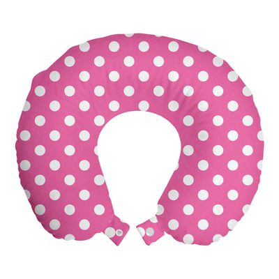 Ambesonne Pink Polka Dots Travel Pillow Neck Rest, Rows and Columns Ordered Arrangement Feminine Abstraction Graphical, Memory Foam Traveling Accessory for Airplane and Car, 12", Pink and White
