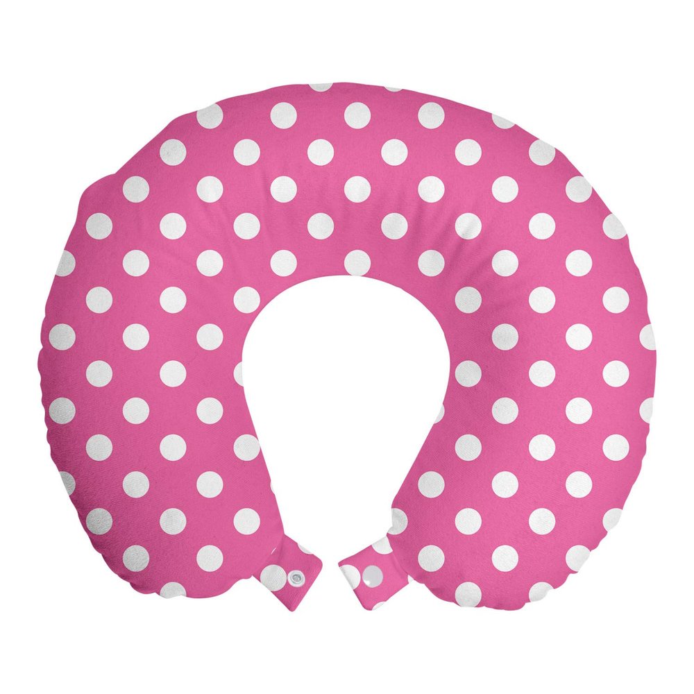 Ambesonne Pink Polka Dots Travel Pillow Neck Rest, Rows and Columns Ordered Arrangement Feminine Abstraction Graphical, Memory Foam Traveling Accessory for Airplane and Car, 12", Pink and White