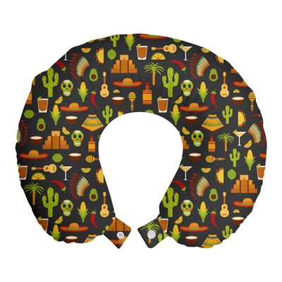 Ambesonne Mexico Travel Pillow Neck Rest, Pattern with Traditional Sombrero Tequila Taco Skull Guitar Cactus, Memory Foam Traveling Accessory for Airplane and Car, 12", Charcoal Grey