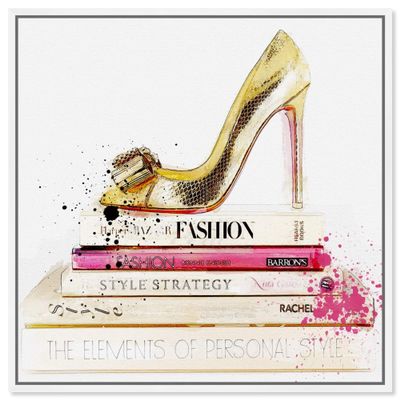 The Oliver Gal Artist Co. Fashion and Glam Framed Wall Art Canvas Prints 'Gold Shoe and Fashion Books' Shoes, Gold, Pink, 16 in x 16 in