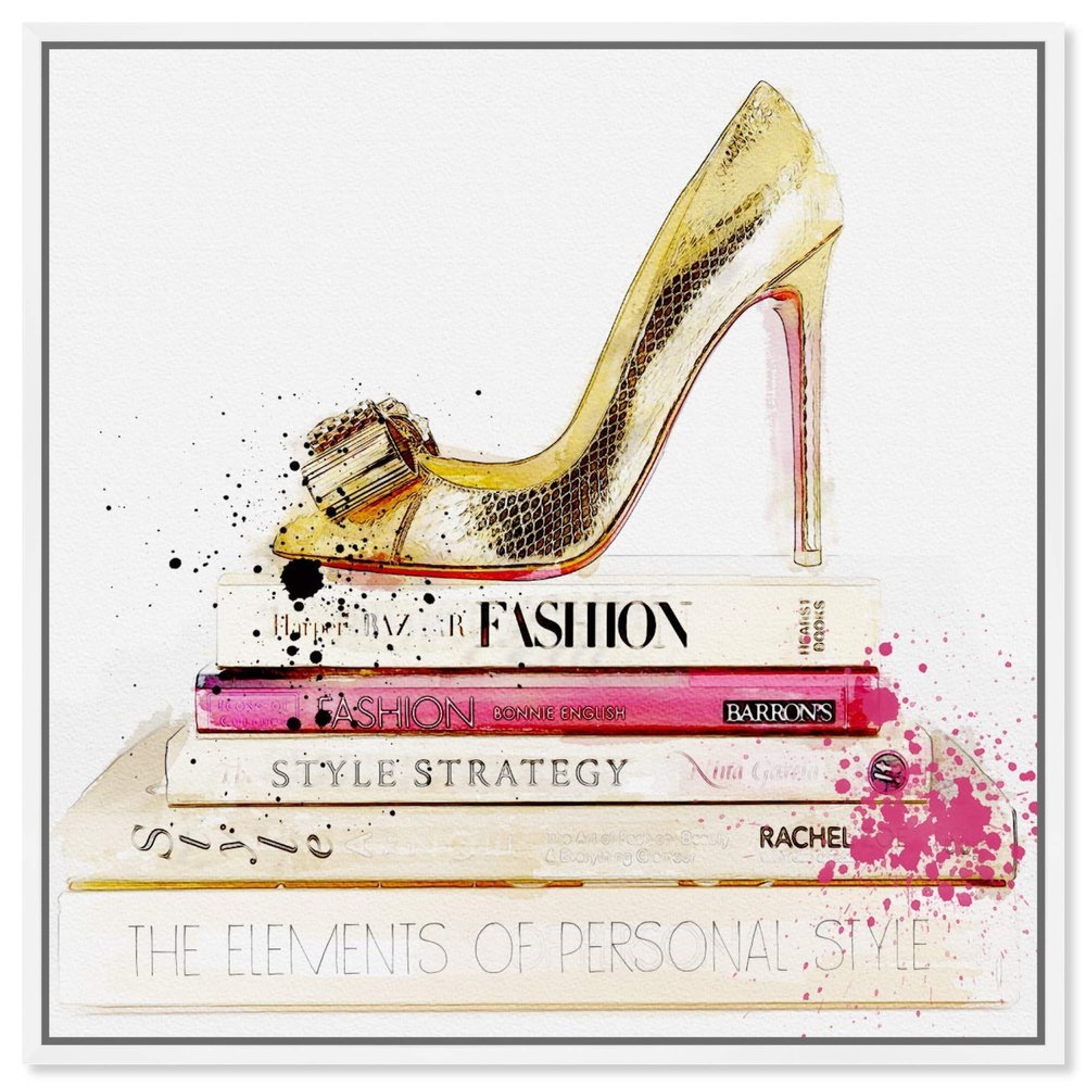 The Oliver Gal Artist Co. Fashion and Glam Framed Wall Art Canvas Prints 'Gold Shoe and Fashion Books' Shoes, Gold, Pink, 16 in x 16 in