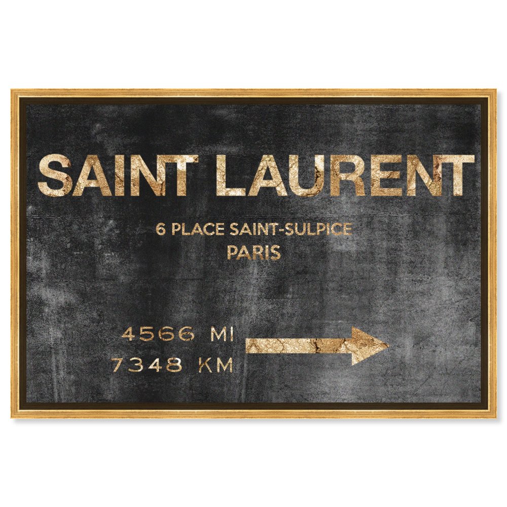 The Oliver Gal Artist Co. Fashion and Glam Modern Canvas Art - Saint Sulpice Road Sign, Wall Art for Living Room, Bedroom, and Bathroom, 15 in x 10, Black and Gold Home Decor
