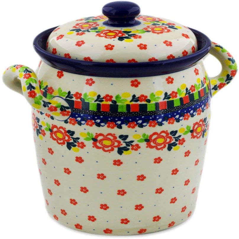 Polmedia Polish Pottery Jar with Lid and Handles UNIKAT - Floral Puzzles Pattern Handmade in Boleslawiec Poland by Ceramika Artystyczna + Certificate of Authenticity