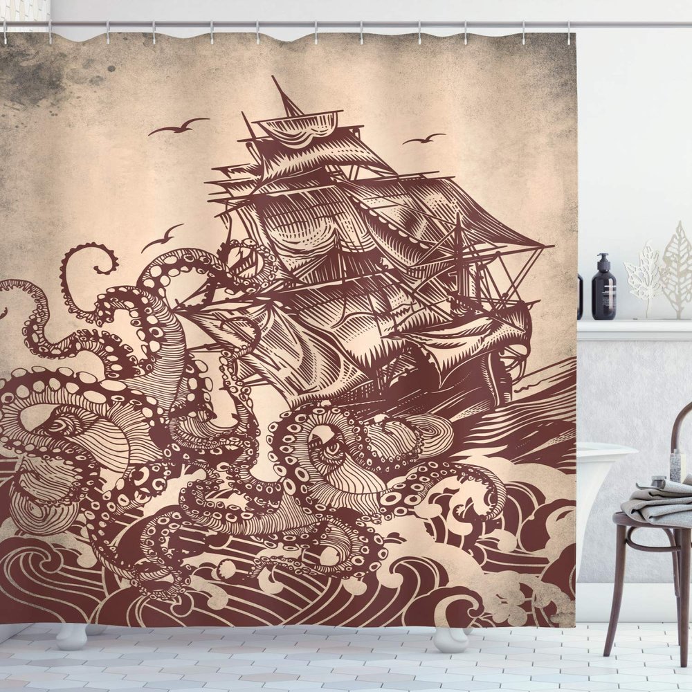 Ambesonne Nautical Shower Curtain, Octopus Tentacles with Ship Sail Old Boat in Ocean Waves Kraken, Cloth Fabric Bathroom Decor Set with Hooks, 69" W x 75" L, Pastel Brown and Redbrown