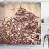 Ambesonne Nautical Shower Curtain, Octopus Tentacles with Ship Sail Old Boat in Ocean Waves Kraken, Cloth Fabric Bathroom Decor Set with Hooks, 69" W x 75" L, Pastel Brown and Redbrown view 1