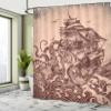 Ambesonne Nautical Shower Curtain, Octopus Tentacles with Ship Sail Old Boat in Ocean Waves Kraken, Cloth Fabric Bathroom Decor Set with Hooks, 69" W x 84" L, Pastel Brown and Redbrown view 3