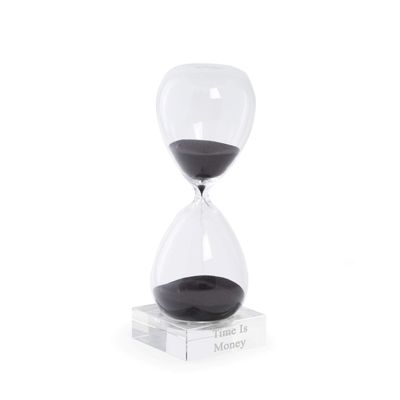 Bey-Berk Personalized 60-Minute Crystal Hourglass (Black Sand), 3.5" x 3.5" x 10.5" Hand-Blown Glass Timer on Clear Crystal Base, Modern Desk Accent