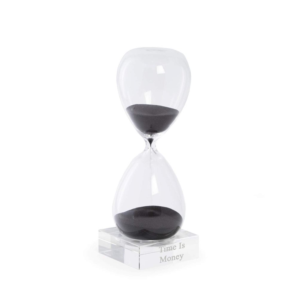 Bey-Berk Personalized 60-Minute Crystal Hourglass (Black Sand), 3.5" x 3.5" x 10.5" Hand-Blown Glass Timer on Clear Crystal Base, Modern Desk Accent