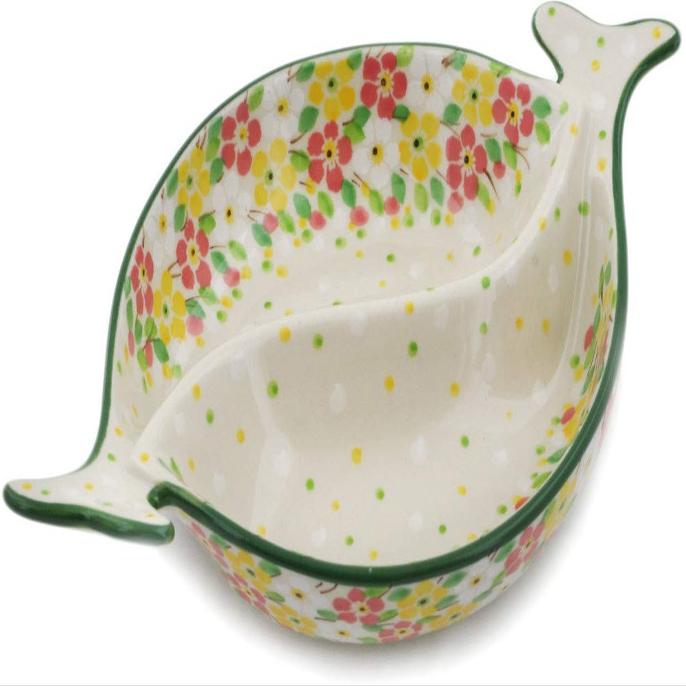 Polmedia Polish Pottery Divided Dish UNIKAT - Blossom Sprinkle Pattern Handmade in Boleslawiec Poland by Ceramika Artystyczna + Certificate of Authenticity