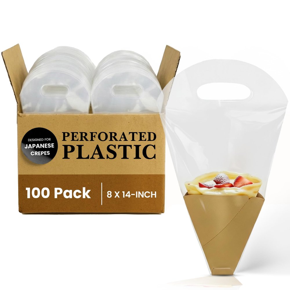 Friteshop Japanese Crepe To-Go Bags with Carry Handle - 8 x 14 inch Food-Safe, Breathable Perforated Plastic - Keeps Crepes Fresh & Easy Transport - Takeaway Packaging, Food Trucks, Cafes - 100 Count