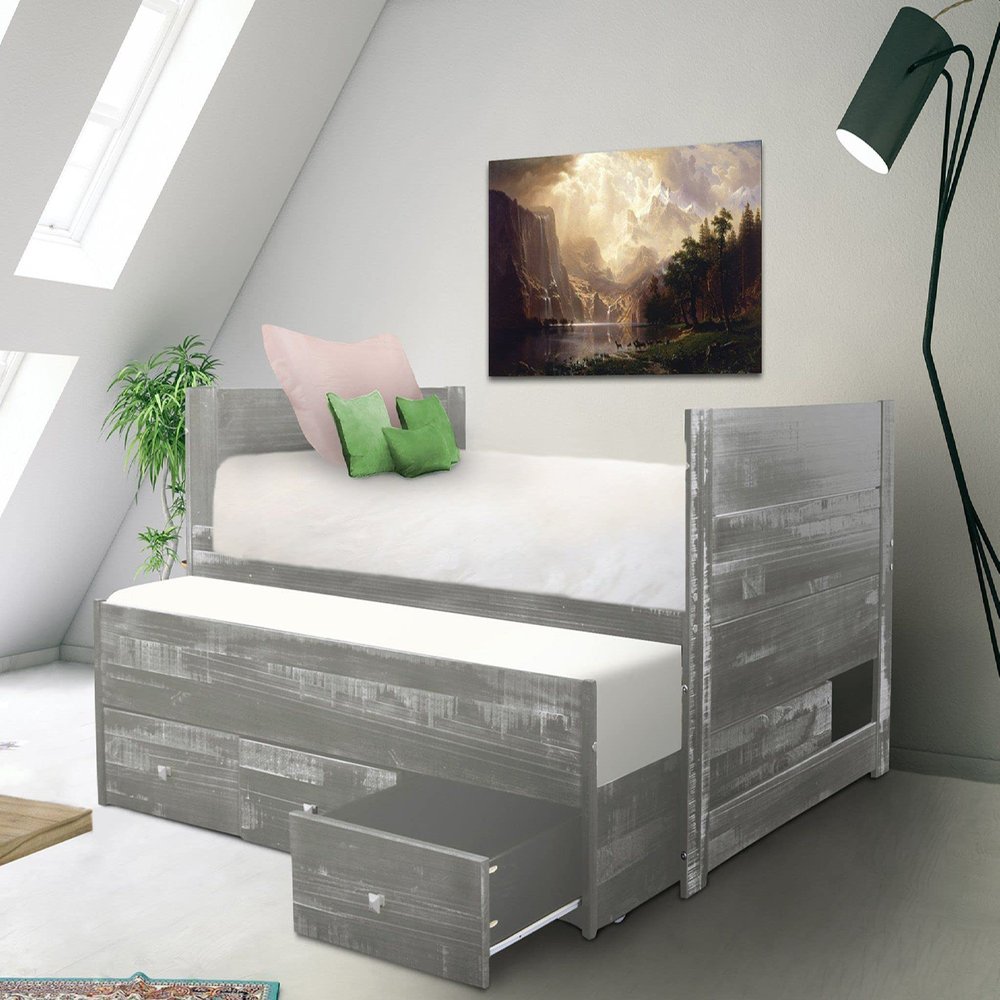 Bedz King Twin Captains Bed with Twin Trundle and 3 Built in Drawers, Weathered Gray