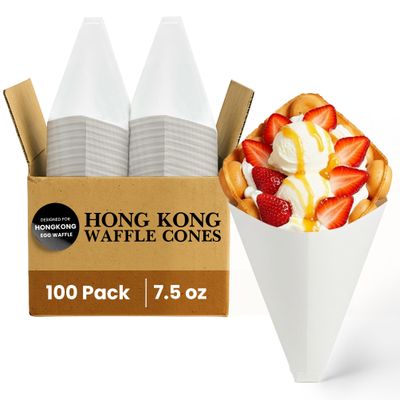 Friteshop Hongkong Egg Waffle White Cardboard Cones - Heavy Duty, Grease-Resistant, Food-Safe Disposable Bubble Waffle Cone Holder - Cones for Cafes, Food Trucks, Catering - 100 pk