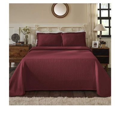 3 Piece Luxurious Oversized Jacquard Fleur-De-Lis Matelasse Bedspread Queen Set, Modern & Contemporary 100% Cotton Super Soft Bedding Geometric Medallion Textured Solid Color Themed Design, Garnet