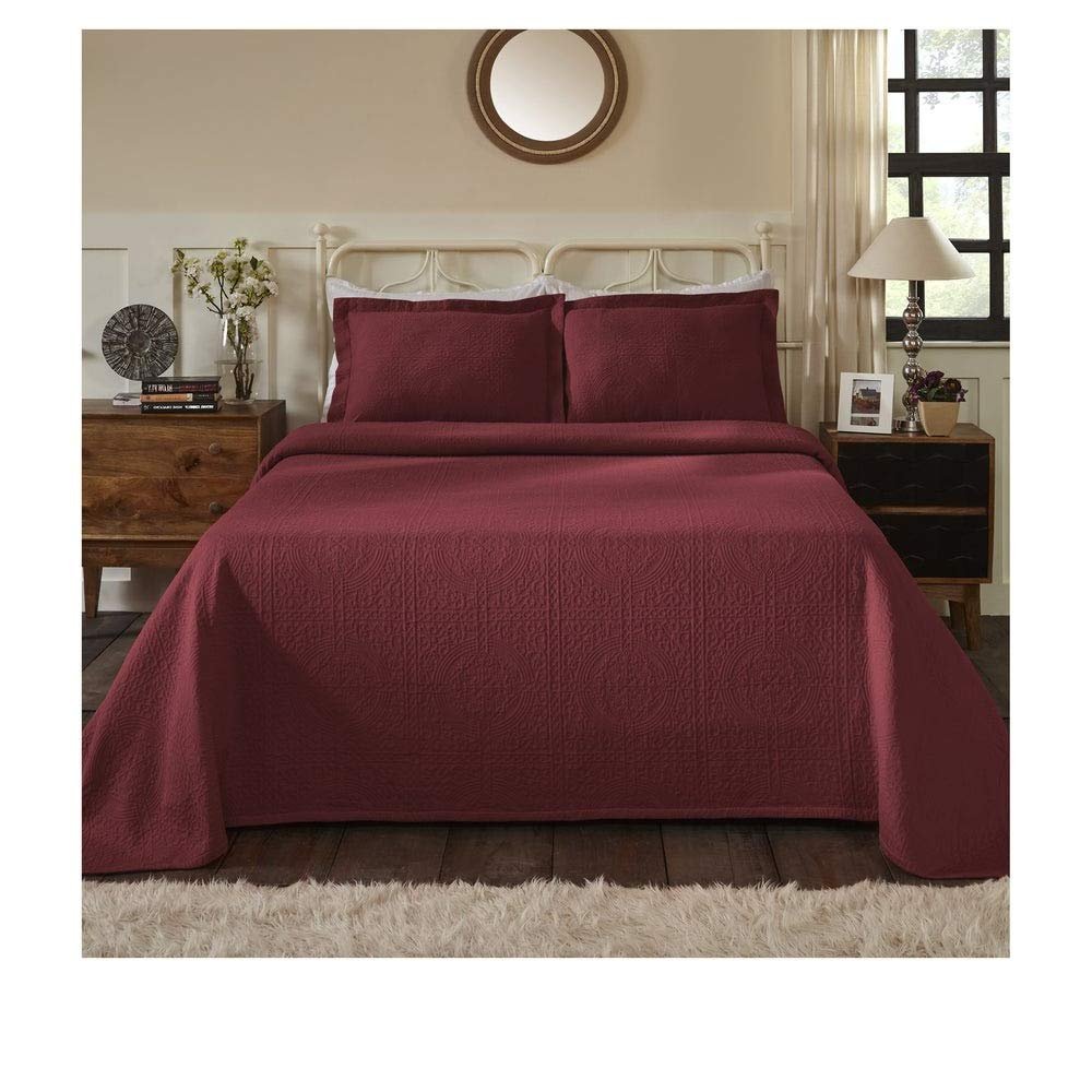 3 Piece Luxurious Oversized Jacquard Fleur-De-Lis Matelasse Bedspread Queen Set, Modern & Contemporary 100% Cotton Super Soft Bedding Geometric Medallion Textured Solid Color Themed Design, Garnet
