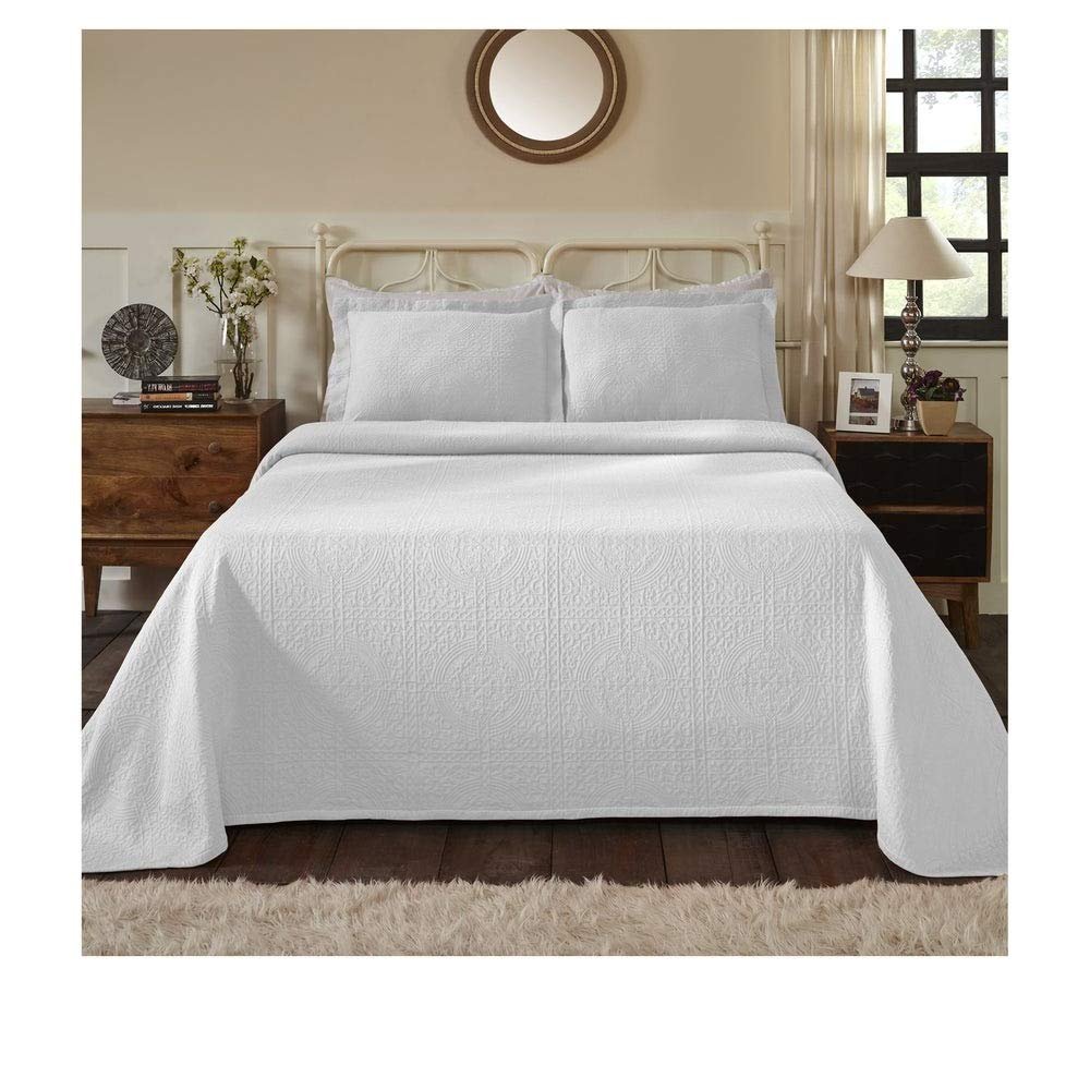 3 Piece Luxurious Oversized Jacquard Fleur-De-Lis Matelasse Bedspread Queen Set, Modern & Contemporary 100% Cotton Super Soft Bedding Geometric Medallion Textured Solid Color Themed Design, White