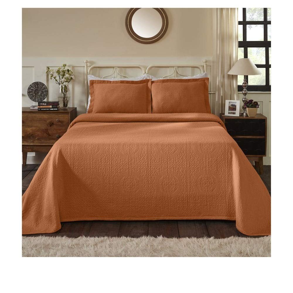 3 Piece Luxurious Oversized Jacquard Fleur-De-Lis Matelasse Bedspread King Set, Modern & Contemporary 100% Cotton Super Soft Bedding Geometric Medallion Textured Solid Color Themed Design, Mandarin