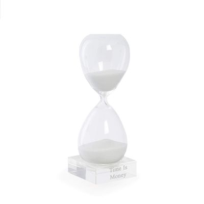 Bey-Berk Personalized 60-Minute Crystal Sand Timer (White), 10.5" Clear Crystal Base with White Sand, Hand-Blown Hourglass Desk Accent