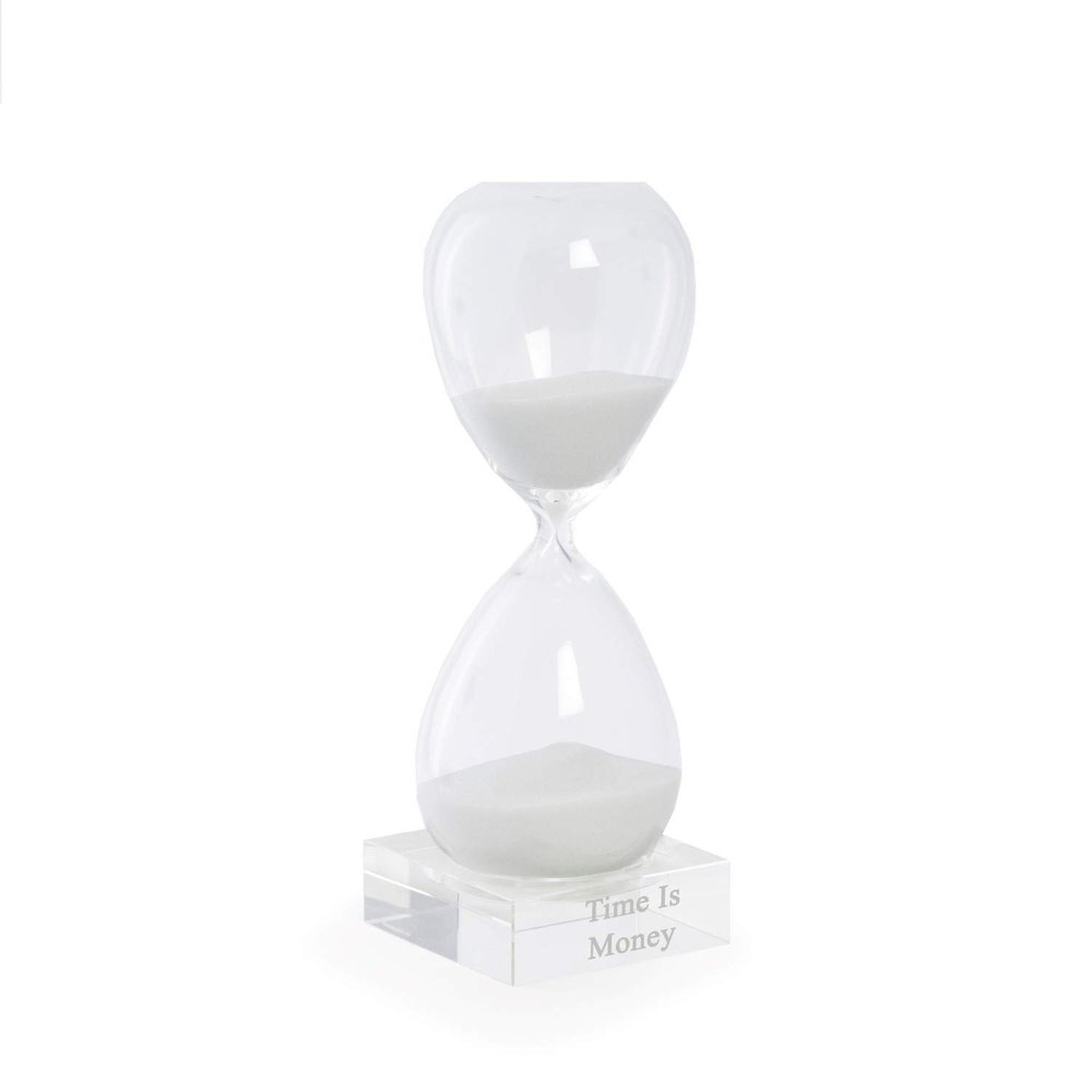 Bey-Berk Personalized 60-Minute Crystal Sand Timer (White), 10.5" Clear Crystal Base with White Sand, Hand-Blown Hourglass Desk Accent